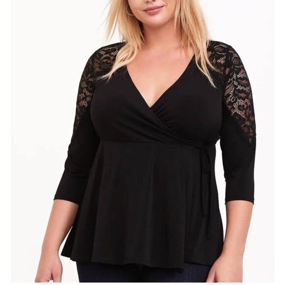 torrid Tops - Torrid Black Studio Knit Lace Insert Peplum Wrap Top 1X